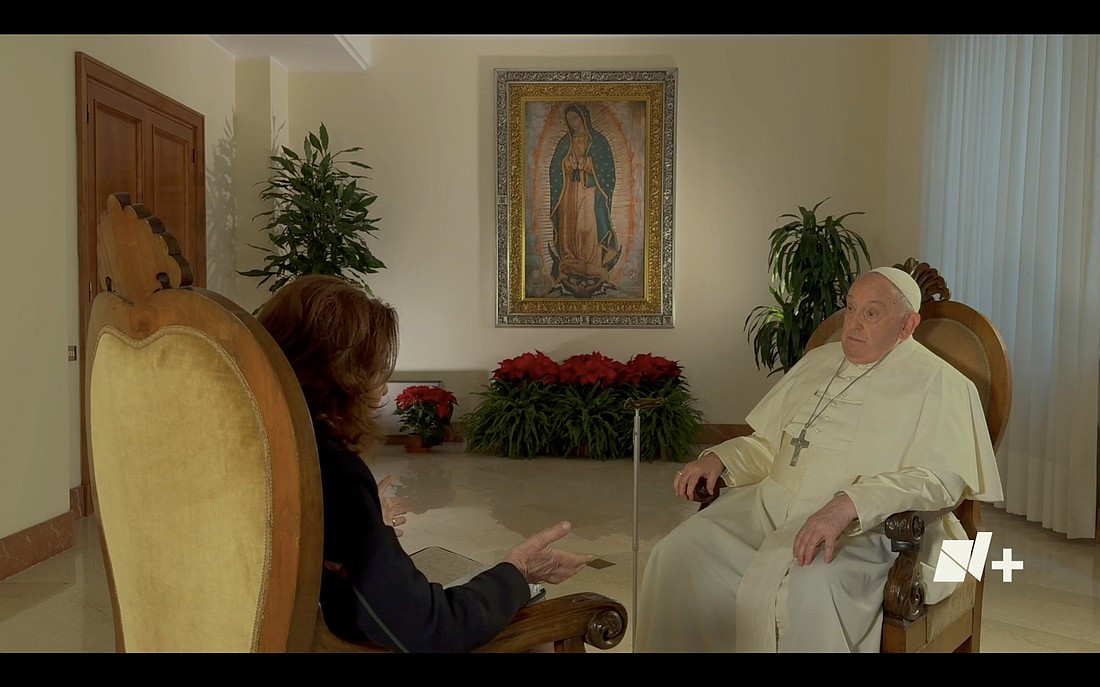 Pope Francis is seen speaking in this screen grab from an interview with Mexican news outlet N+ Dec. 12, 2023. (CNS photo/screen grab, N+)