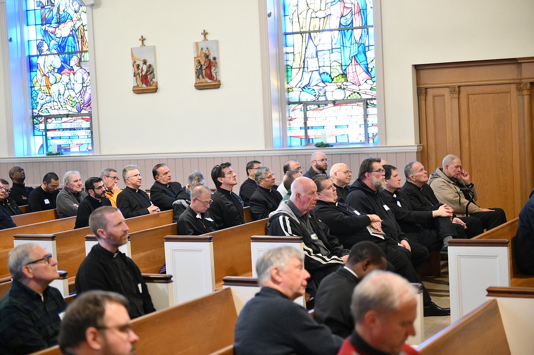Bishop O'Connell and priests of the Diocese gather for the Dec. 14 Advent Spirituality Day in St. John the Baptist Church, Allentown. Mike Ehrmann photo