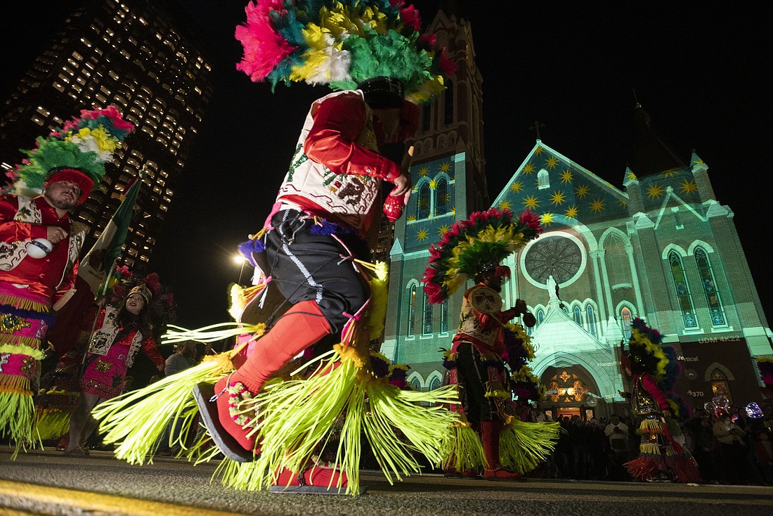 Matachines dance outside of the National Cathedral Shrine of Our Lady of Guadalupe in celebration of the vigil of the feast of the Patroness of the Americas in Dallas Dec. 11, 2023, the eve of her feast day. This was the first celebration of the feast of Our Lady of Guadalupe since the cathedral had been elevated to a national shrine by the U.S. Conference of Catholic Bishops.  (OSV News photo/Ben Torres, for The Texas Catholic)