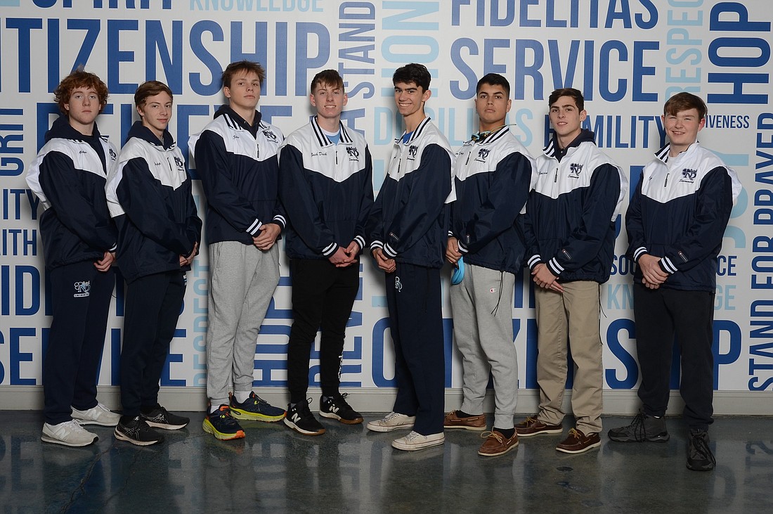 Notre Dame's boys team are relying heavily on senior swimmers including, from left, Matt Weaverling, John Papp, Gabe Czarnecki, Zach Duck, Talon Arbizu, Finn Schmitz and Sean Powers. Photo courtesy of Notre Dame High School