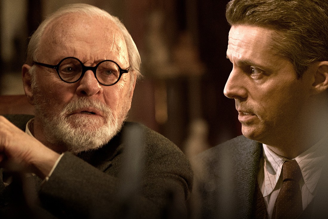 Anthony Hopkins as Sigmund Freud and Matthew Goode as C.S. Lewis star in a scene from the movie “Freud’s Last Session.” The OSV News classification is A-III -- adults. Director Matthew Brown told Our Sunday Visitor that he hopes viewers will take away lessons in respectful dialogue and faith from the film. The Motion Picture Association rating is PG-13 – parents strongly cautioned. Some material may not be suitable for children. (OSV News photo/Sabrina Lantos, courtesy Sony Pictures Classics)