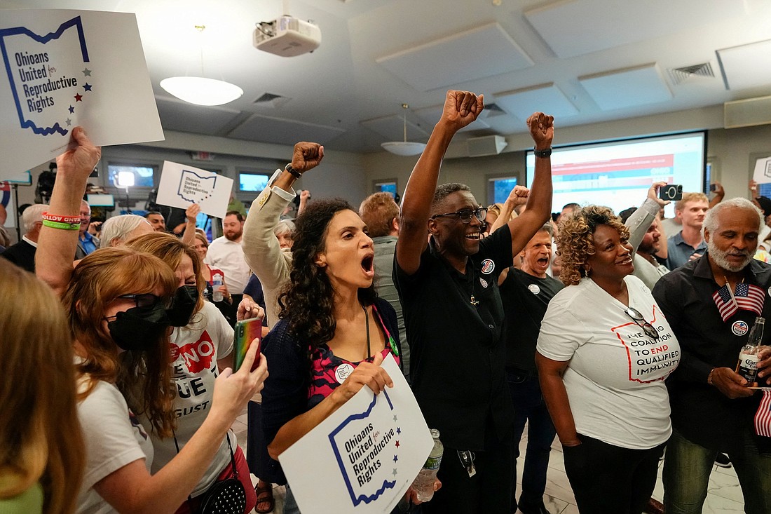 People celebrate the defeat of Issue 1, a Republican-backed measure that would have made it harder to amend the state constitution, an initiative aimed at helping defeat a November referendum that would protect abortion access in the state, after early results were announced during an election night party at the Columbus Fire Fighters Local 67 in Columbus, Ohio, U.S. August 8, 2023. (OSV News photo/Adam Cairns, USA Today Network via Reuters)