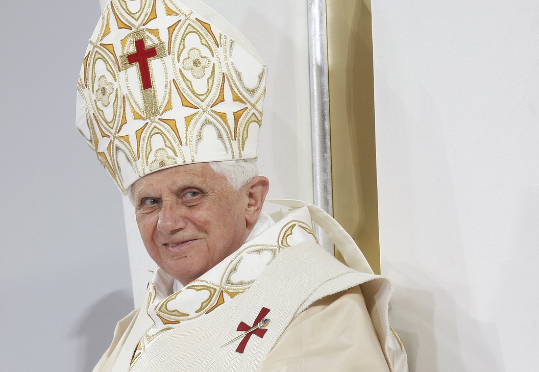 Pope Benedict XVI is pictured during Mass at Yankee Stadium in New York in this April 20, 2008 file photo. The Vatican publishing house announced it will release a book of some 130 homilies given by the late pope at private Sunday Masses -- 30 given while he was pope and more than 100 given to members of his household once he retired. (OSV News photo/Nancy Phelan Wiechec, CNS file)