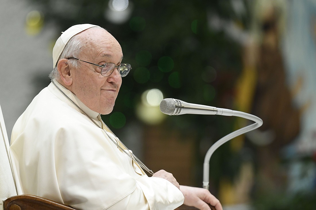 Pope Francis looks at the crowd during his weekly general audience in the Paul VI Audience Hall at the Vatican Jan. 3, 2023. (CNS photo/Vatican Media)