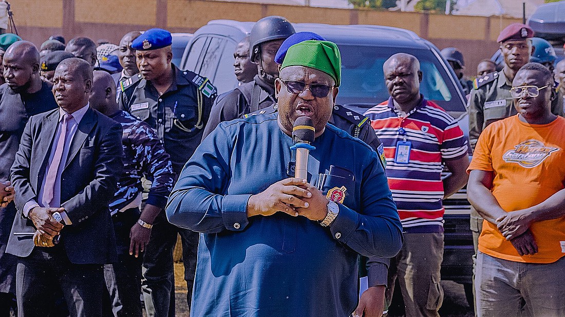 Gov. Caleb Mutfwang of Nigeria's Plateau state is pictured Dec. 27, 2023, visiting communities affected by the Dec. 23-28 killings. He declared a week of mourning Jan. 1-8 to honor the deaths of at least 200 Christians killed during Christmas by Fulani herders in the West African country. (OSV News photo/X (formerly Twitter) account of Caleb Mutfwang)