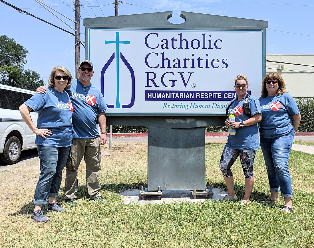 Center for FaithJustice volunteers arrive in at the Catholic Charities facility in McAllen, Texas, in April 2019. From left are Mary Vanderhoof, Rocky Balsamo, Stephanie Peddicord and Erin Dolan. Courtesy photo