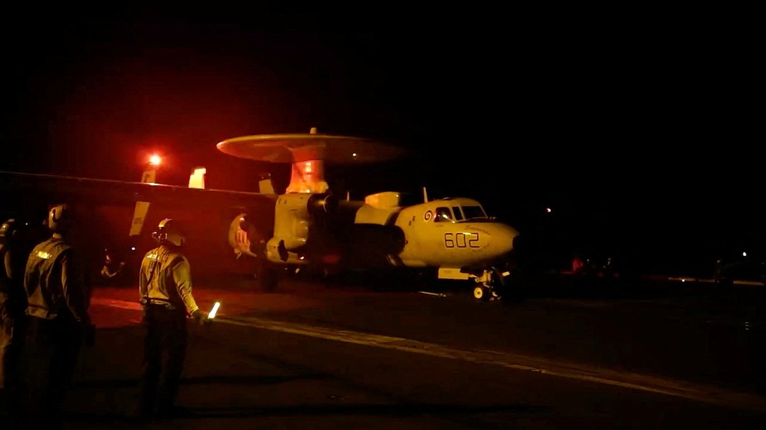 An aircraft seen in this screengrab from a handout video released Jan. 12, 2024, takes off from an undisclosed location to join a U.S.-led coalition operation against military targets in Yemen Jan. 11. Airstrikes were aimed at the Iran-backed Houthi militia that has been targeting international shipping in the Red Sea. (OSV News photo/U.S. Central Command via X)