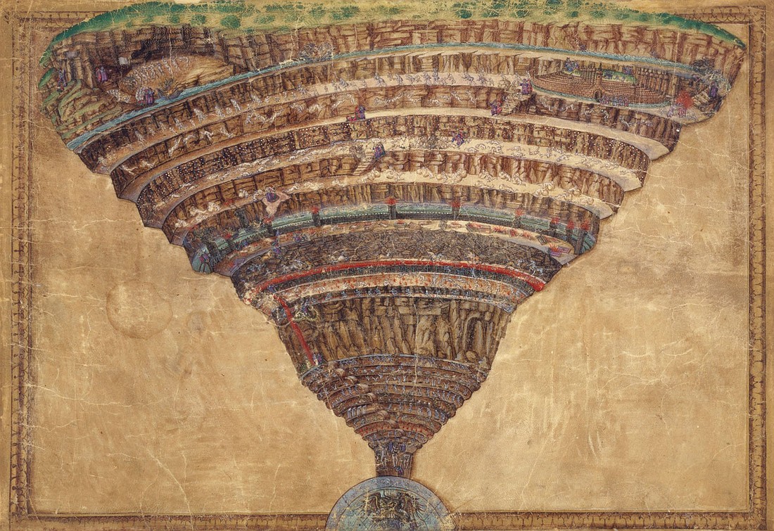 An illustration by Sandro Botticelli of the infernal abyss from Dante Alighieri's "Divine Comedy" is part of the manuscript collection of the Vatican Library. Recently Pope Francis said in an interview that "It's difficult to imagine it. What I would say is not a dogma of faith, but my personal thought: I like to think hell is empty; I hope it is." (OSV News photo/courtesy of Vatican Library)