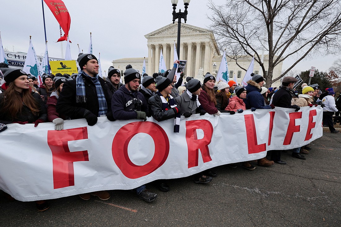 People carry a banner past U.S. Supreme Court building while participating in the 49th annual March for Life in Washington Jan. 21, 2022. (OSV News photo/Jim Bourg, Reuters)