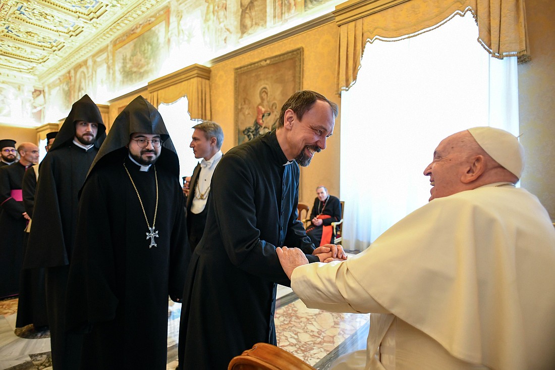 Pope Francis greets Orthodox and Oriental Orthodox students studying at Catholic universities in Rome and officials of the Dicastery for Promoting Christian Unity during an audience at the Vatican Jan. 12, 2024. The students came to Rome as part of a project sponsored by the Catholic Committee for Cultural Collaboration, which was established 60 years ago. (CNS photo/Vatican Media)