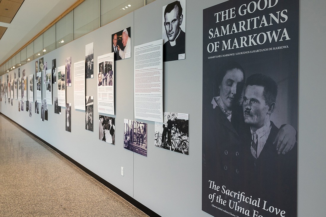 Part of an exhibit titled "The Good Samaritans of Markowa: The Sacrificial Love of the Ulma Family" is seen at the St. John Paul II National Shrine in Washington after the display opened Jan. 12, 2024. The exhibit on the lives of Józef and Wiktoria Ulma and their seven children runs through March. The Polish family, beatified last September, was executed by the Nazis for sheltering Jews during World War II. (OSV News photo/Mihoko Owada, The Catholic Standard)