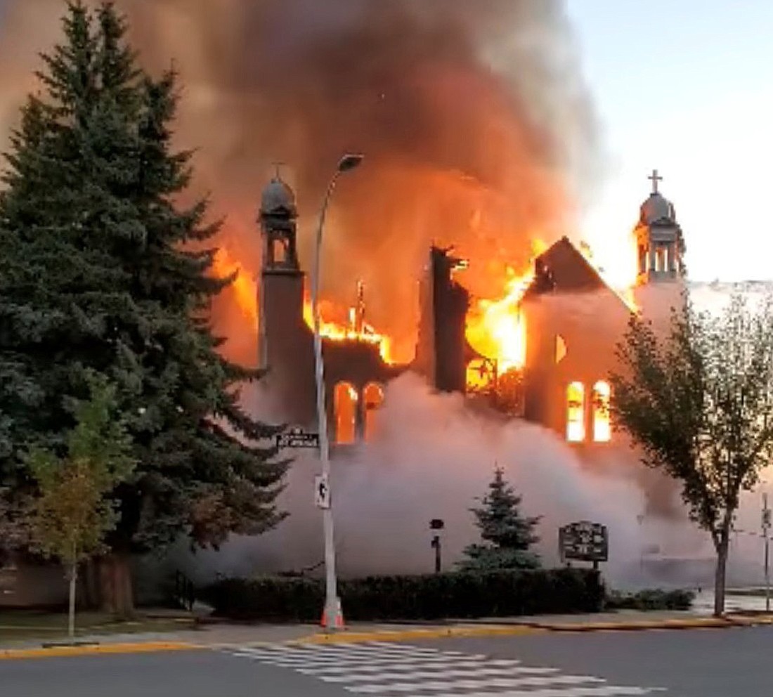 Flames engulf St. Jean Baptiste Church in Morinville, Alberta, June 30, 2021, in this still image taken from video obtained from social media. The early morning fire destroyed the century-old Catholic church near Edmonton and was being treated as suspicious by Royal Canadian Mounted Police. (CNS photo/Diane Burrel, social media via Reuters) EDITORS: THIS IMAGE HAS BEEN SUPPLIED BY A THIRD PARTY. MANDATORY CREDIT. NO RESALES. NO ARCHIVES.