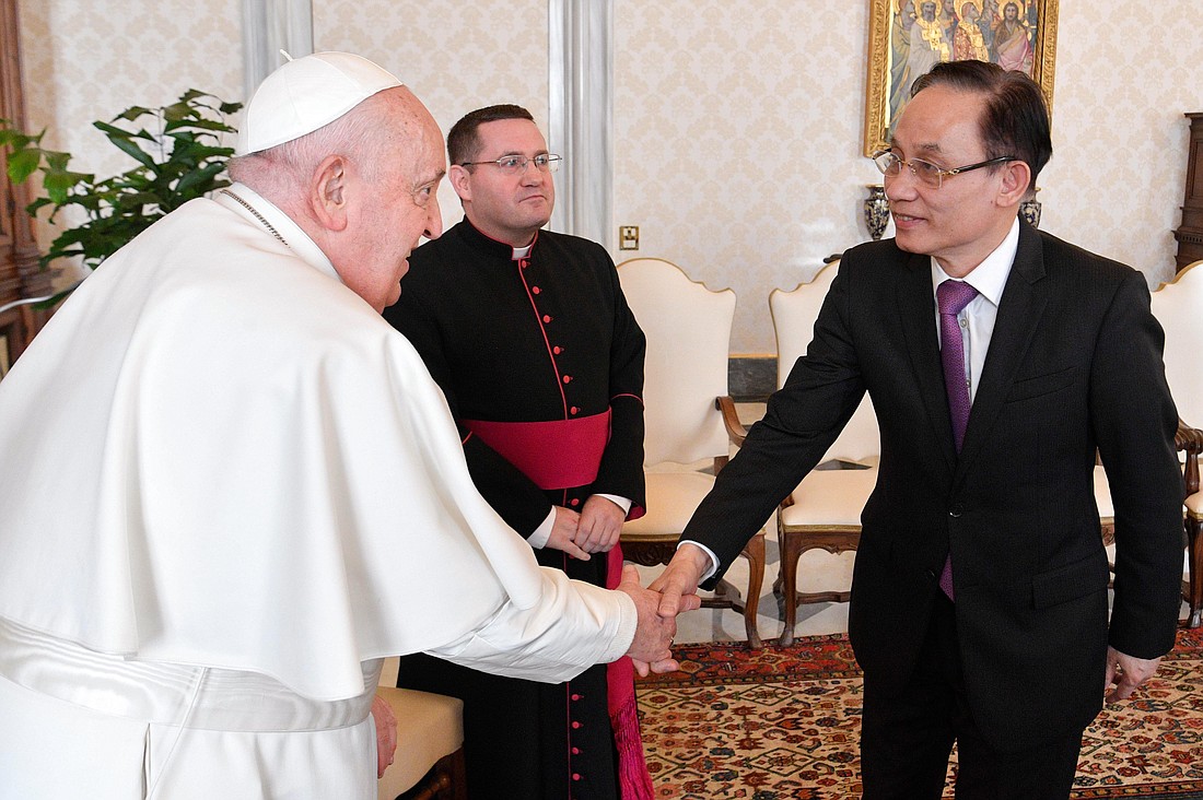 Pope Francis meets with Lê Hoài Trung, member of the Communist Party of Vietnam's central committee and chairman of its commission for external relations, at the Vatican Jan. 18, 2024. (CNS photo/Vatican Media)