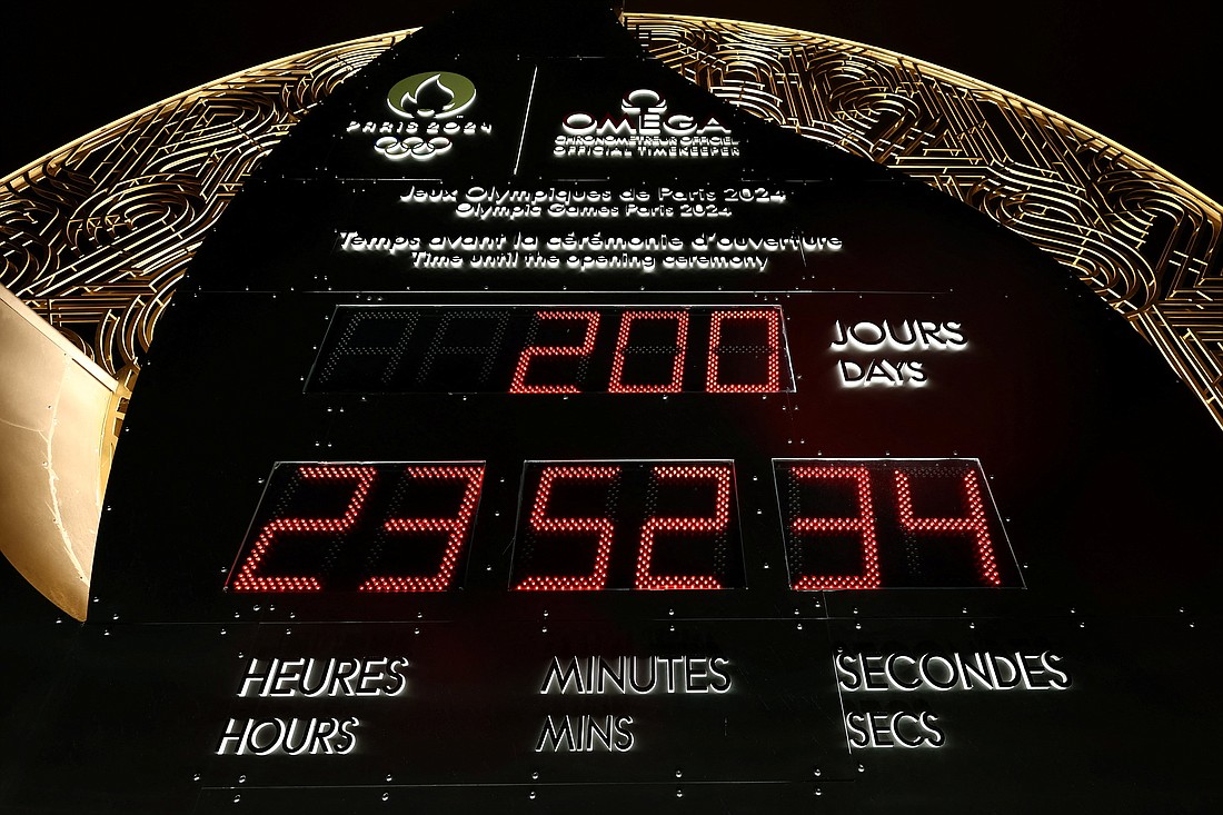 The countdown clock showing 200 days to go until the Paris 2024 Olympic Games opening ceremony is seen in Paris Jan. 7. (OSV News photo/Stephanie Lecocq, Reuters)