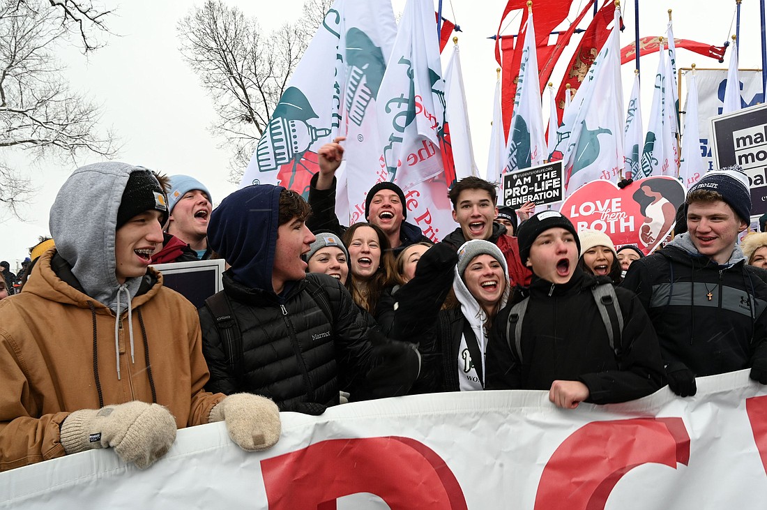 Pro-life demonstrators carry a banner past the U.S. Supreme Court building while participating in the 51st annual March for Life in Washington Jan. 19, 2024. (OSV News photo/Leslie E. Kossoff).