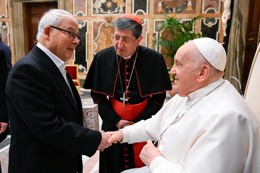 Pope Francis meets with Agostino Burberi, president of the Don Lorenzo Milani Foundation, and Cardinal Giuseppe Betori of Florence, Italy, during a meeting with members of the national committee that planned events last year for the centenary of the birth of Father Lorenzo Milani at the Vatican Jan. 22, 2024. (CNS photo/Vatican Media)