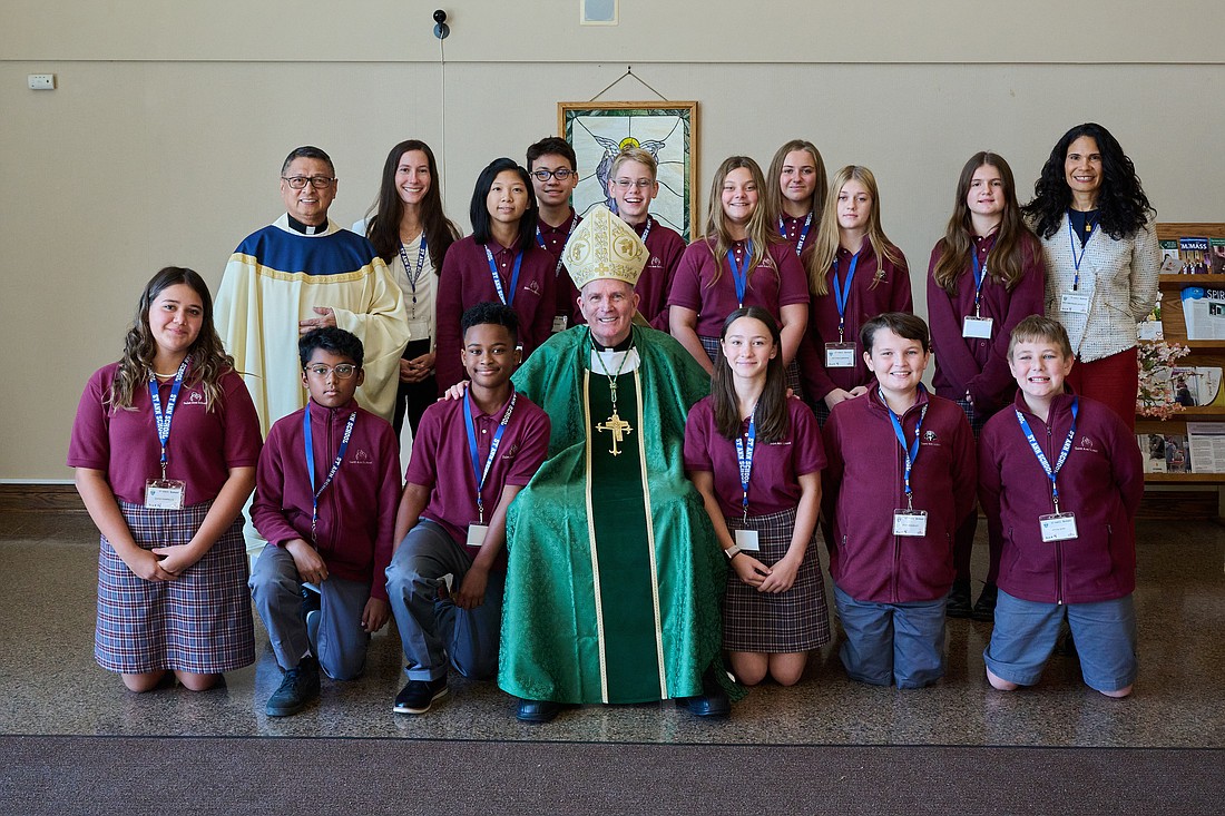 Members of the St. Ann School community, Lawrenceville, join Bishop O'Connell for a photo following the annual Catholic Schools Mass in St. Robert Bellarmine Co-Cathedral, Freehold, October 12. Mike Ehrmann photo