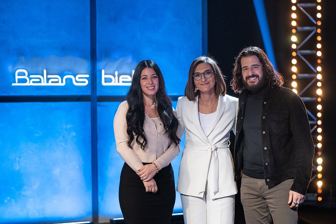 Jonathan Roumie, right, and Elizabeth Tabish, left, who play Jesus and Mary Magdalene in "The Chosen" series, are pictured in Warsaw, Poland, with OSV News' Paulina Guzik, center, in the studio of Polish Television, TVP, Jan. 27, 2024. "The Chosen" launched in 2017 as crowdfunding project and is the first multiseason series about Jesus' life and ministry. (OSV News photo/Hubert Szczypek, courtesy TVP, Polish Television)