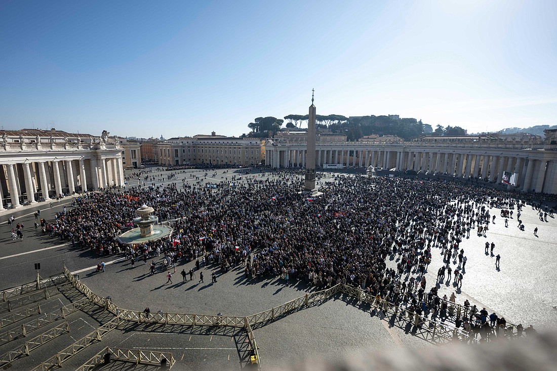 Visitors gather in St. Peter's Square for the recitation of the Angelus prayer with Pope Francis at the Vatican, Feb. 4, 2024. (CNS photo/Vatican Media)