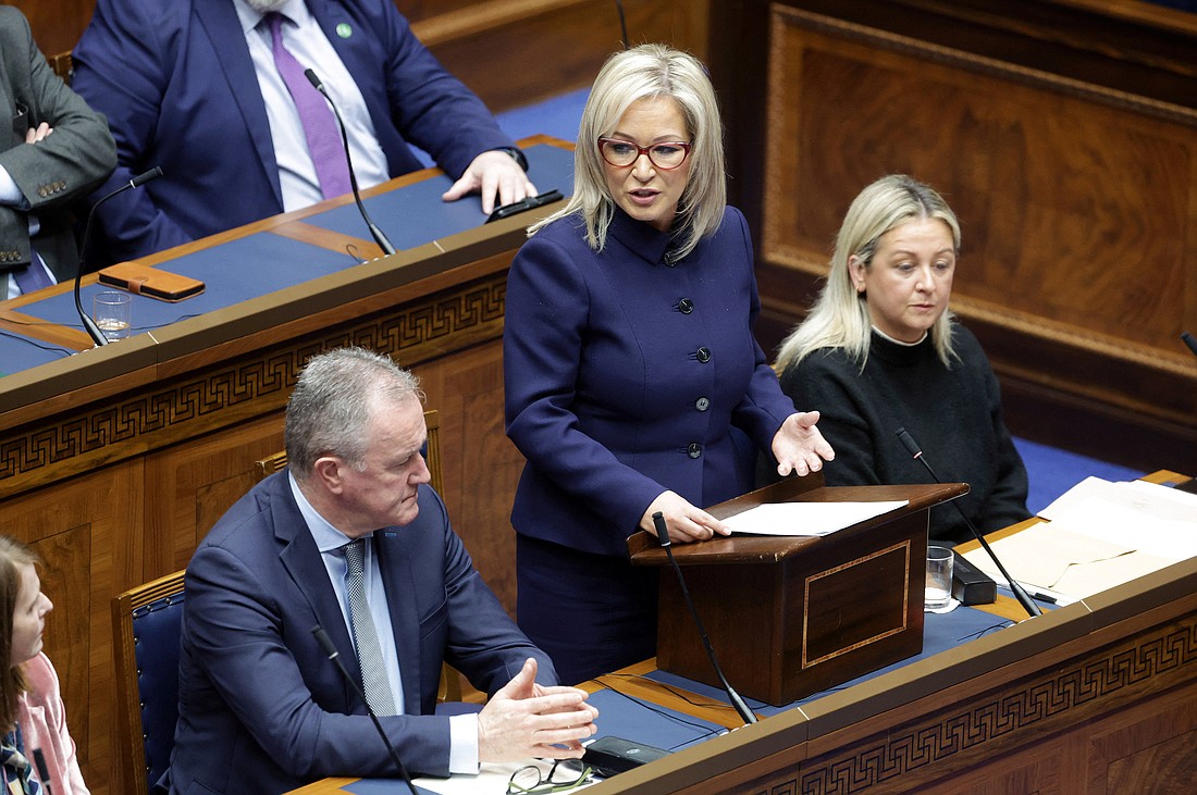 Michelle O'Neill, newly elected as the first minister of Northern Ireland, speaks during a meeting of the legislative assembly in Belfast Feb. 3, 2024. O'Neill is Northern Ireland's first Catholic in the leadership post in history. In Northern Ireland, the title "First Minister" is equivalent to prime minister used elsewhere. (OSV News photo/Kelvin Boyes, Pool via Reuters) Editors: This cutline has been UPDATED since it was first posted early in the AM of Feb. 5.