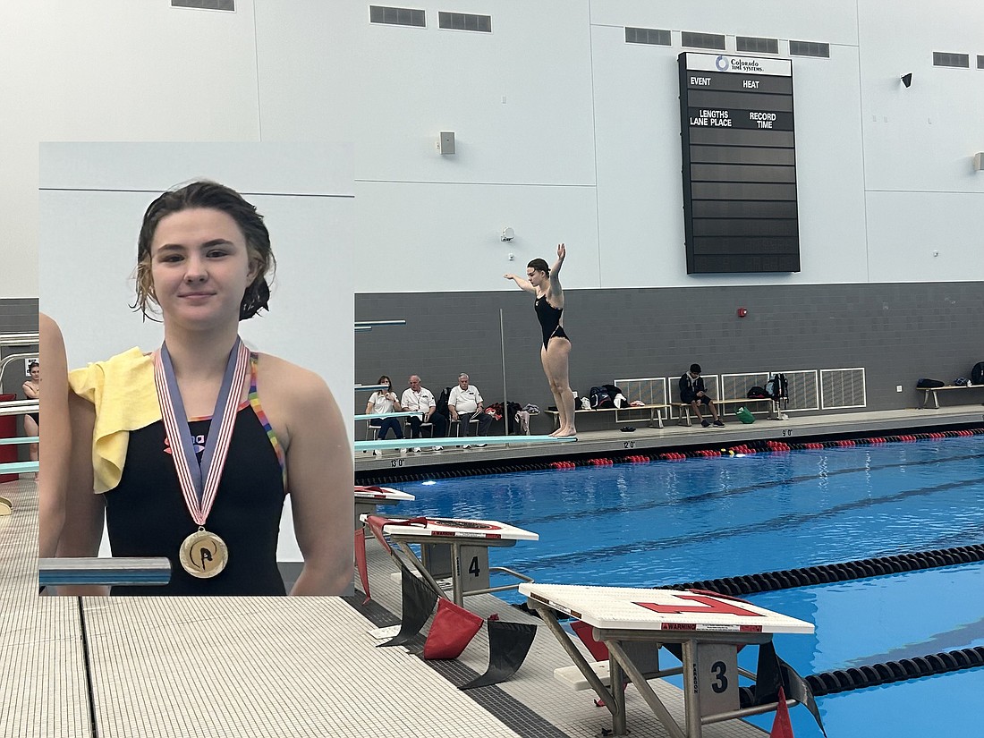 Violet Williamson, senior in Notre Dame High School, Lawrenceville, won the Mercer County diving championship title Jan. 23 for the third year in a row. Courtesy photo composite