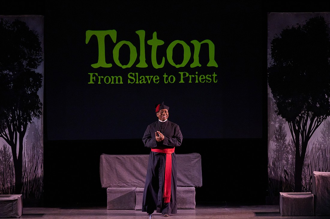 Actor Jim Coleman speaks to the audience Feb. 6 in Notre Dame High School, Lawrenceville, after receiving a standing ovation for his performance as Venerable Father Augustus Tolton. Mike Ehrmann photos