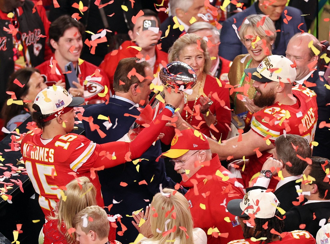 Kansas City Chiefs' Patrick Mahomes and Travis Kelce celebrate with the Vince Lombardi Trophy after winning Super Bowl LVIII in Las Vegas Feb. 11, 2024. The Chiefs' Super Bowl Victory Parade is scheduled for Feb. 14, which this year is also Ash Wednesday. (OSV News photo/Mike Blake, Reuters)