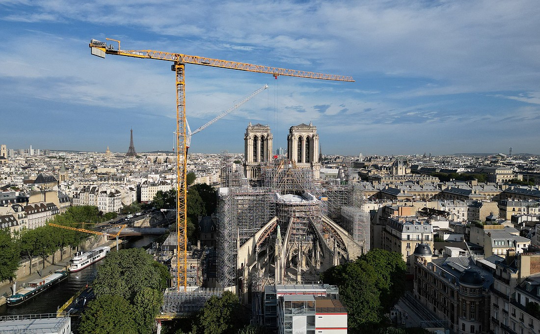 An aerial view shows the ongoing restoration work at Notre Dame Cathedral in Paris July 18, 2023. The cathedral was ravaged by a fire in 2019 that sent its spire crumbling down, and restoration work continues before the whole world will see the cathedral reopen Dec. 8, 2024. (OSV News photo/Pascal Rossignol, Reuters)