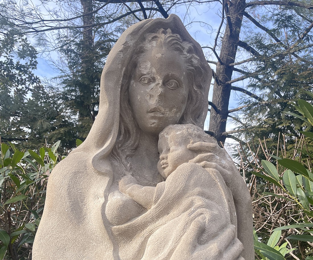 A statue of the Blessed Virgin Mary on the north lawn of the grounds of the Basilica of the National Shrine of the Immaculate Conception in Washington was vandalized Feb. 15, 2024. According to the basilica's rector, the damage appears to have been caused by a hammer and is being investigated. (OSV News photo/courtesy of the Basilica of the National Shrine of the Immaculate Conception)