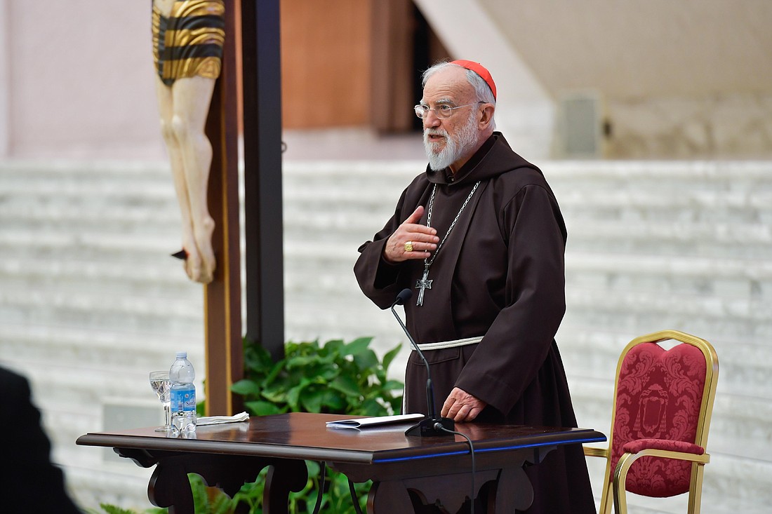 Cardinal Raniero Cantalamessa, preacher of the papal household, presents a Lenten meditation for members of the Roman Curia and Vatican employees in the Paul VI hall at the Vatican Feb. 26, 2021. In a reflection for Lent 2023, the cardinal said March 3 that the Second Vatican Council was a "prophetic initiative" to respond to the church's refusal to engage with modern society in the 19th and 20th centuries and a model for the church's renewal. (CNS photo/Vatican Media)