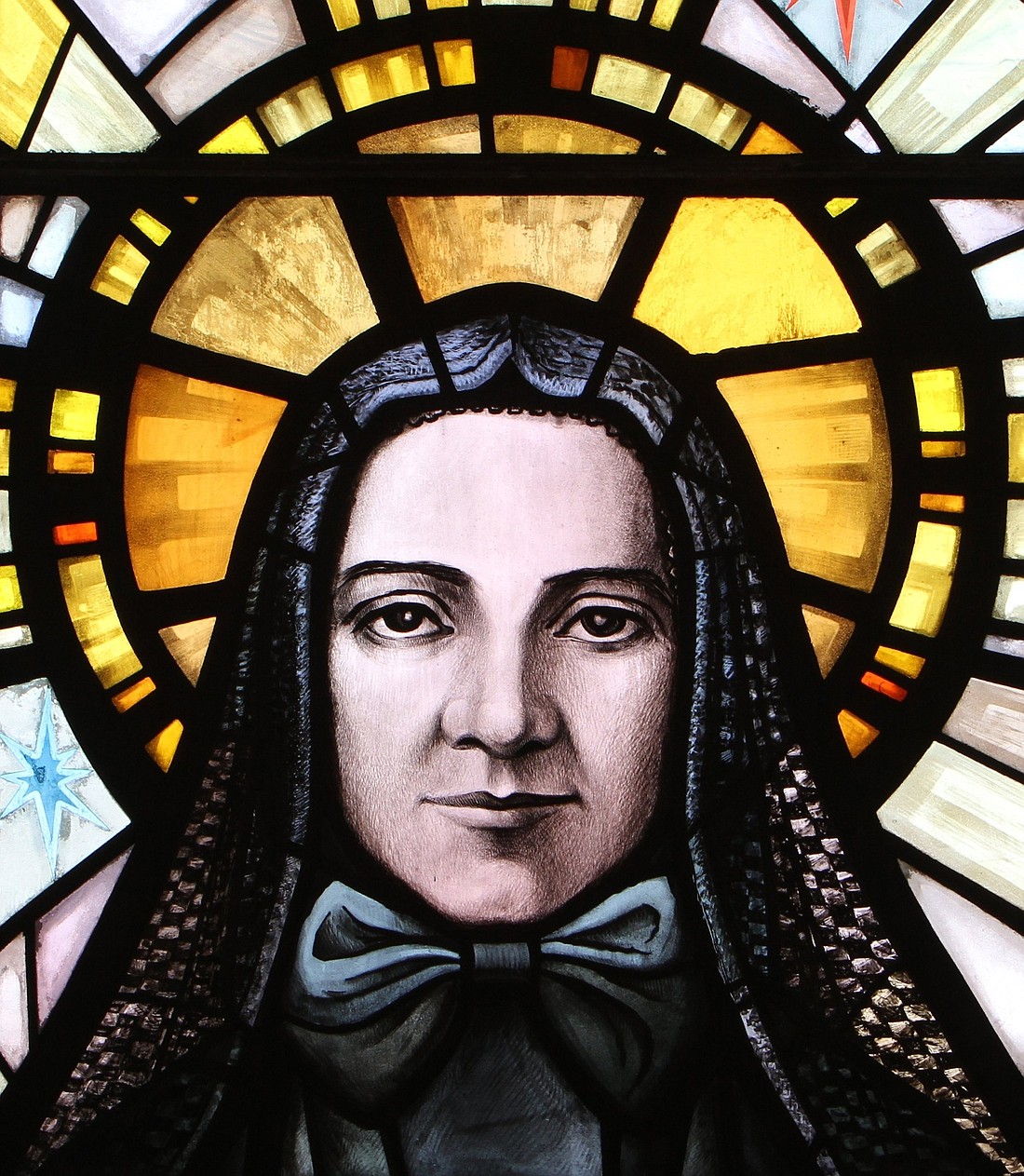 St. Frances Xavier Cabrini, patron of immigrants, is depicted in a stained-glass window at the saint's shrine chapel in New York City. (OSV News photo/Gregory A. Shemitz)