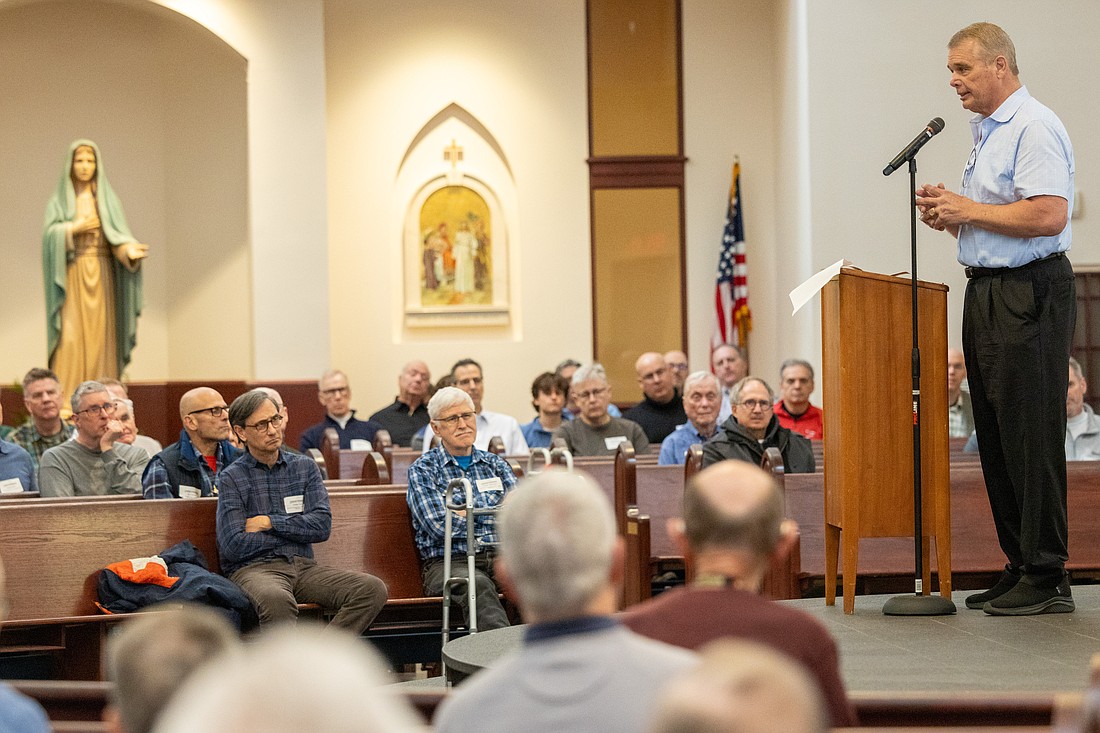 New York Jets Hall of Famer and Colts Neck resident Joe Klecko presents a keynote address during the annual Catholic Men for Jesus Christ conference Feb. 24 in St. Mary, Mother of God Church, Middletown. Hal Brown photo