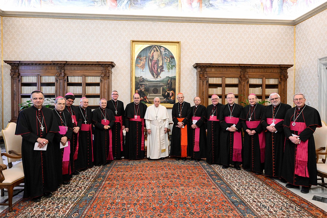 Pope Francis poses for a photo with bishops of Italy's Emilia Romagna region, including Cardinal Matteo Zuppi of Bologna, making their "ad limina" visits to the Vatican Feb. 29, 2024. (CNS photo/Vatican Media)