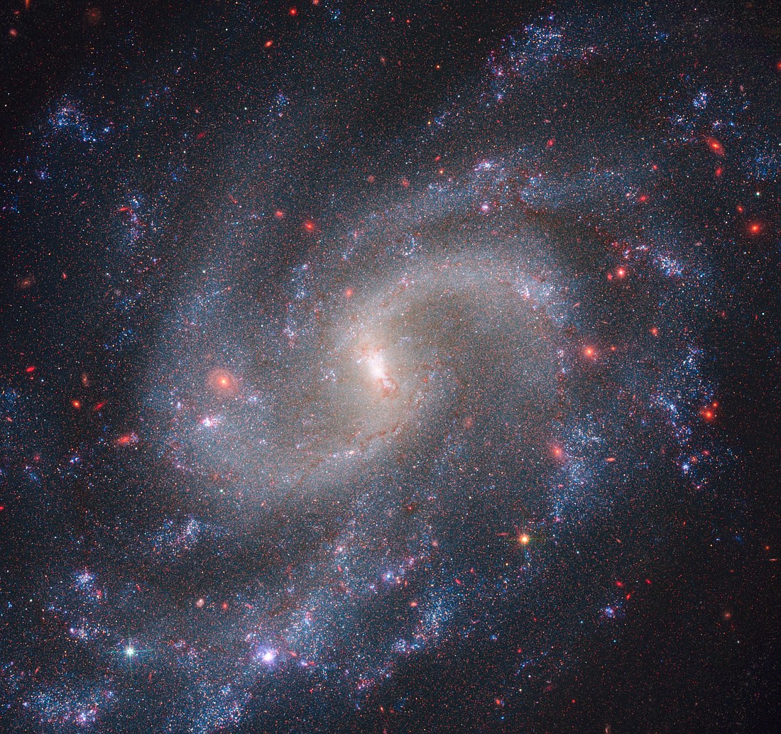 Combined observations Sept. 12, 2023, from NASA's James Webb Space Telescope's near-infrared camera and Hubble's wide field camera 3 show spiral galaxy NGC 5584, which resides 72 million light-years away from Earth. (CNS photo/courtesy NASA, ESA, CSA and Adam Riess)