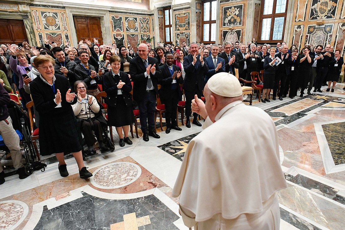 Pope Francis greets a group of Italians dedicated to helping vulnerable people at the Vatican March 1, 2024. Members of the group were attending a four-day seminar on "Vulnerability and Community: Between Welcome and Inclusion." (CNS photo/Vatican Media)