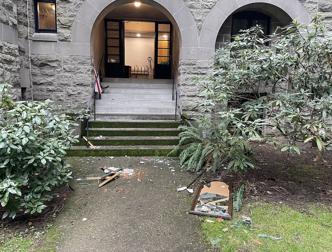 Broken glass and objects are seen on the ground Feb. 28, 2024, outside the historic Grotto, the National Sanctuary of Our Sorrowful Mother, in Portland, Ore., after it sustained major damage in a vandalism attack. The 62-acre shrine, constructed in 1924, is operated by the Order of Friar Servants of Mary. (OSV News photo/Chris Blanchard, executive director, The Grotto)