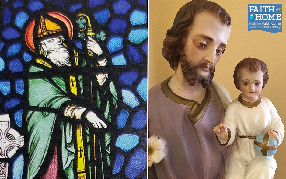 St. Patrick, as depicted in the stained glass image found in Our Lady of Good Counsel Church, Moorestown, was devoted to evangelizing the Good News of Jesus. The statue of St. Joseph holding the Christ Child, found in St. William the Abbot Church, Howell, depicts the important role he had as Jesus’ earthly father. File photos