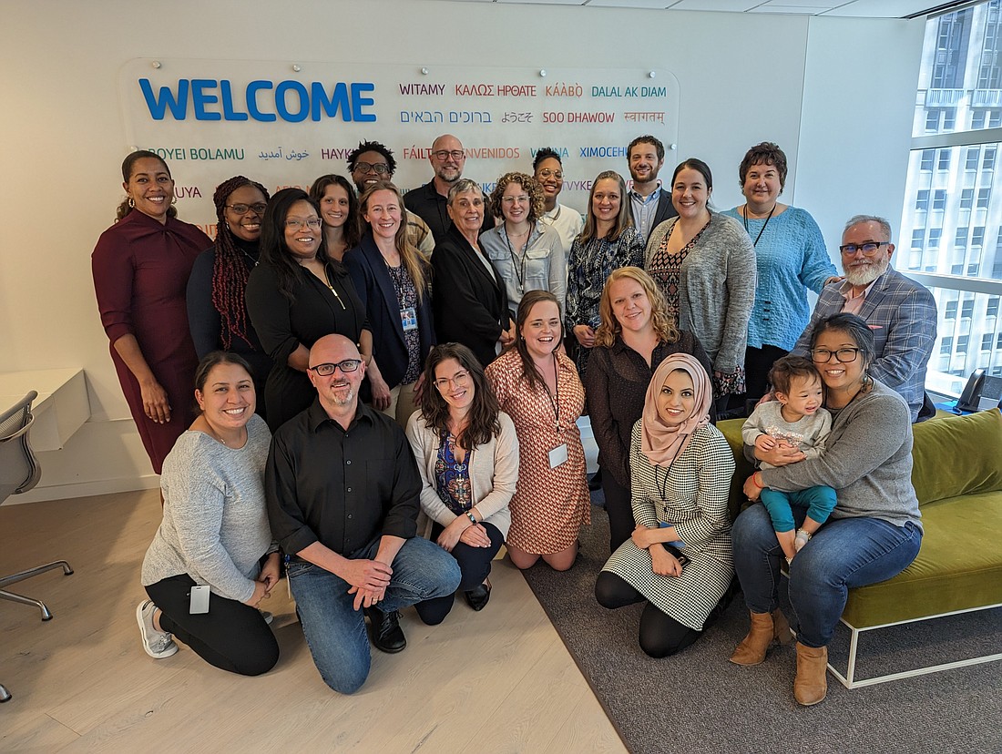 Team Up Project affiliate leaders pose for a photo while working together on a shared challenge at the national training in Chicago May 1-3, 2023. Catholic Charities USA, Habitat for Humanity International, Interfaith America and YMCA of the USA, have launched the "Team Up Project" to counteract rising polarization and isolation in the U.S. (OSV News photo/Becca Hartman-Pickerill, Team Up Project)