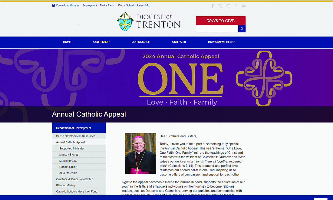 Landing screen shot for the Annual Catholic Appeal website, https://dioceseoftrenton.org/catholicappeal