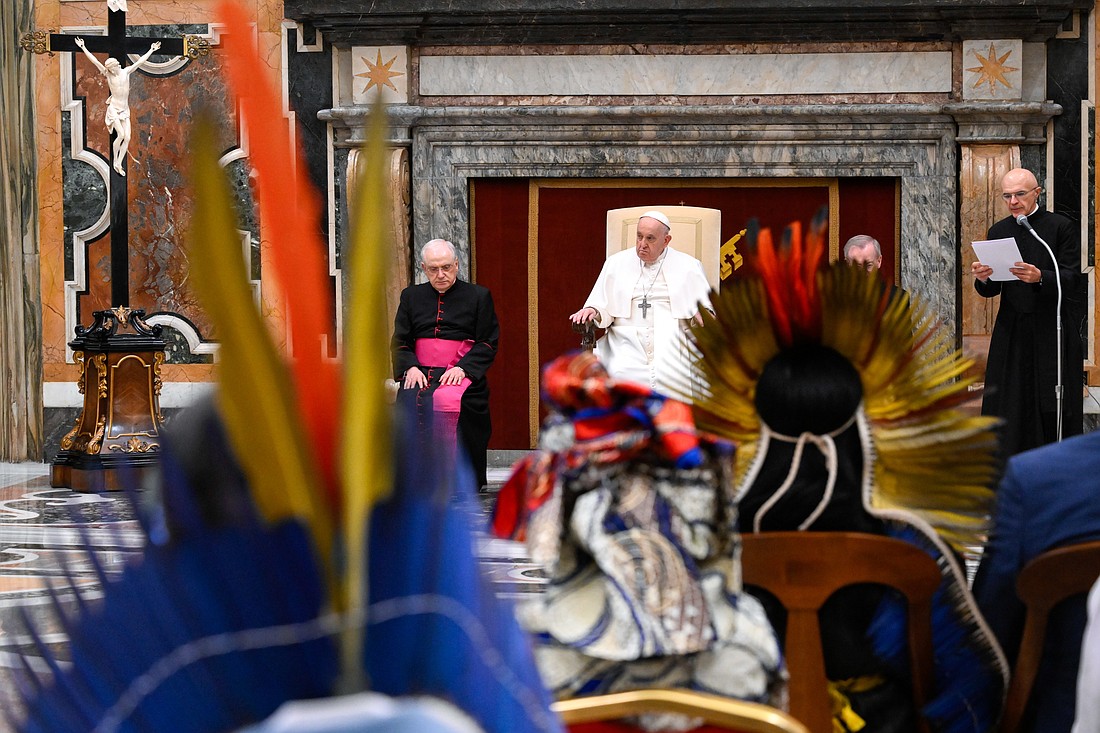 Pope Francis meets with people taking part in a workshop jointly sponsored by the Pontifical Academies of Sciences and of Social Sciences on the knowledge of Indigenous peoples and research carried out in the sciences during an audience at the Vatican March 14, 2024. The audience with the pope included members of Indigenous communities. (CNS photo/Vatican Media)