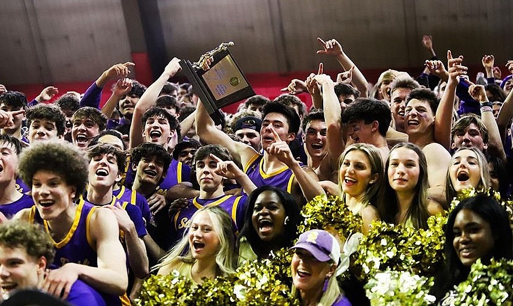 The St. Rose, Belmar boys basketball team celebrate their first state championship since 1977 after defeating Immaculate Conception, Montclair, in the NJSIAA Non-Public B state final at Rutgers March 8. Courtesy photo