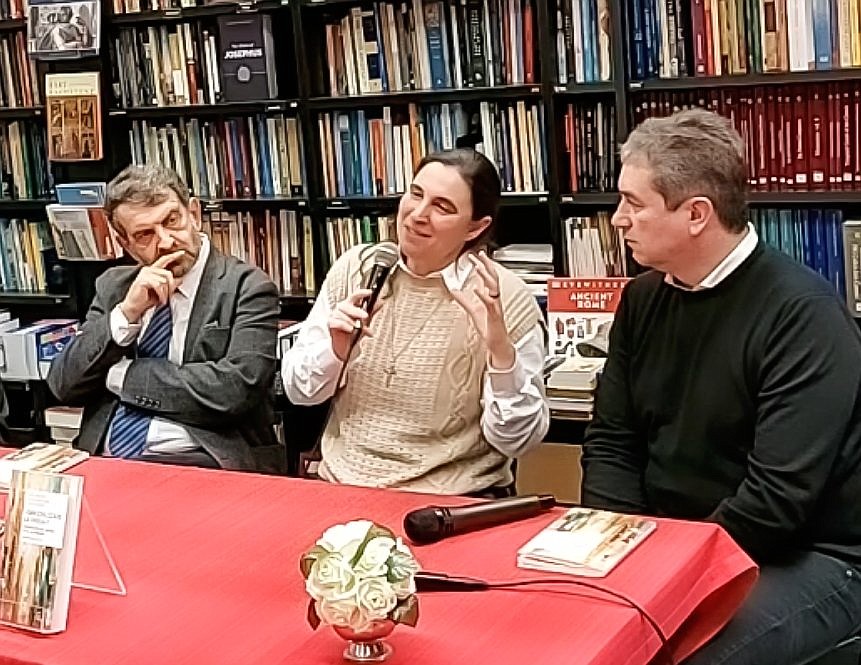 Salesian Sister Linda Pocher, a professor of Christology and Mariology at Rome's Pontifical Faculty of Educational Sciences "Auxilium,” speaks at a panel discussion in Rome about the role of women and men in the church March 18, 2024. Looking on are, on the left, Andrea Grillo, professor of sacramental theology at the Pontifical Athenaeum of St. Anselm in Rome, and, on the right, Father Sergio Massironi, theologian and a staff member of the Dicastery for Promoting Integral Human Development. (CNS photo/Screengrab from Paoline International Facebook Live video)