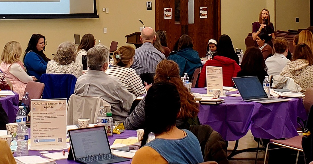 Keynote speaker Julianne Stanz addresses catechists from throughout the Diocese during a March 23 formation day in St. Robert Bellarmine Co-Cathedral, Freehold. Jessica Donohue photo