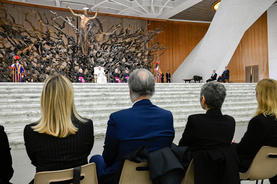 Pope Francis speaks to employees from the Italian state television network RAI in the Paul VI Audience Hall at the Vatican March 23, 2024. (CNS photo/Vatican Media)