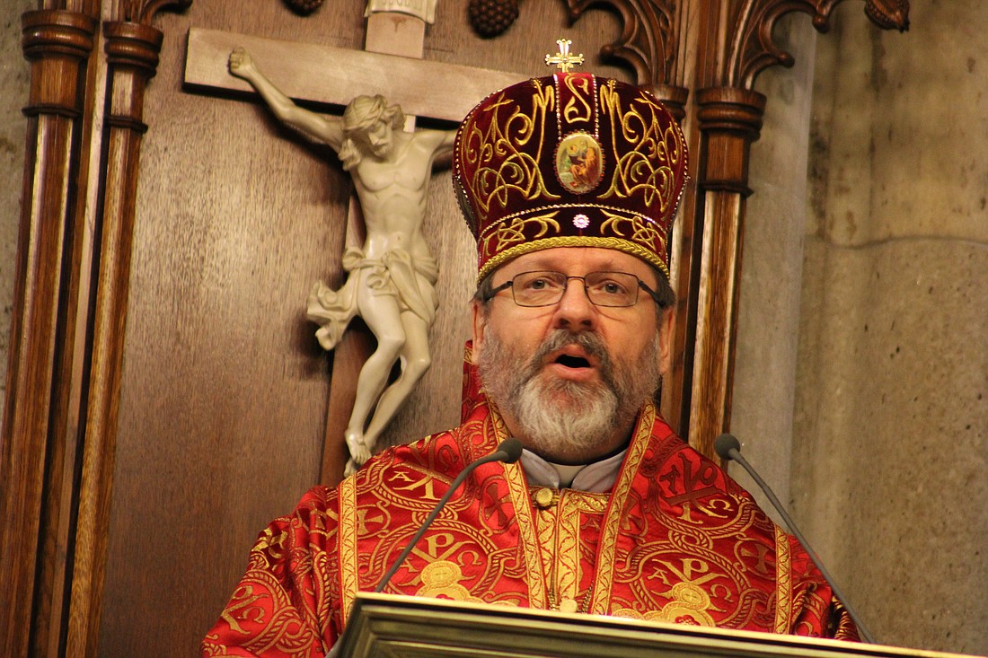 Major Archbishop Sviatoslav Shevchuk of Kyiv-Halych, head of the worldwide Ukrainian Greek Catholic Church, delivers the homily during a Mass of thanksgiving for Aid to the Church in Need at St. Patrick’s Cathedral in New York City March 10, 2024. (OSV News photo/Gina Christian)