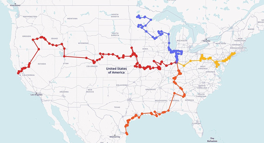 This is an updated map showing the four routes of the National Eucharistic Pilgrimage to the National Eucharistic Congress in 2024. Participants in the National Eucharistic Congress and related National Eucharistic Pilgrimage will have opportunities to receive plenary indulgences, Archbishop Timothy P. Broglio, president of the U.S. Conference of Catholic Bishops, announced April 9, 2024. (OSV News illustration/courtesy National Eucharistic Congress)