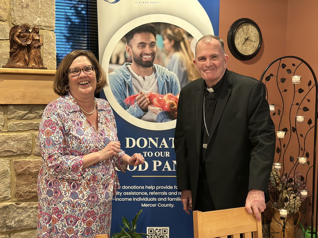 Mary Inkrot, executive director of Mount Carmel Guild, left, with Bishop O'Connell during the Bishop Circle Reception held April 11 in St. Ann Parish, Lawrenceville. Daren Miller photo