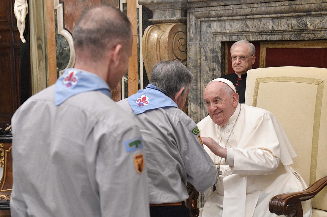 Pope Francis greets members of the Italian Catholic Movement of Adult Scouts during a meeting at the Vatican April 13, 2023. (CNS photo/Vatican Media)