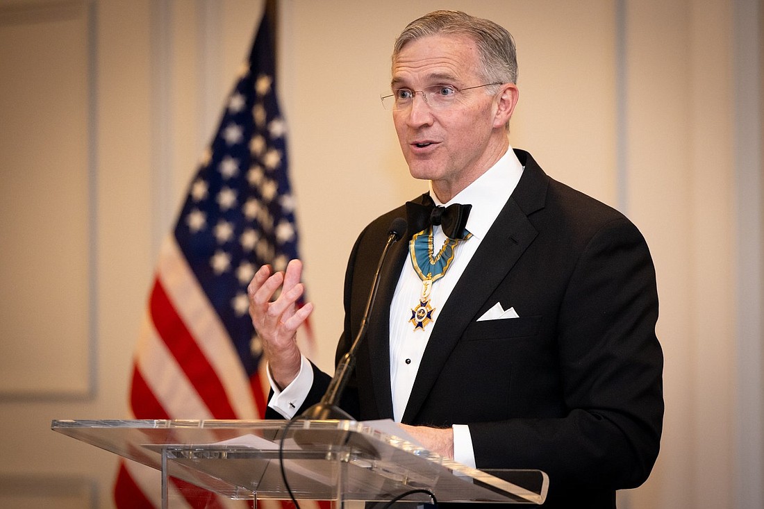 Supreme Knight Patrick E. Kelly of the Knights of Columbus speaks at the John Carroll Society's 38th annual awards dinner April 13, 2024, at the Four Seasons Hotel In Washington. (OSV News photo/Christopher Newkumet, courtesy John Carroll Society).