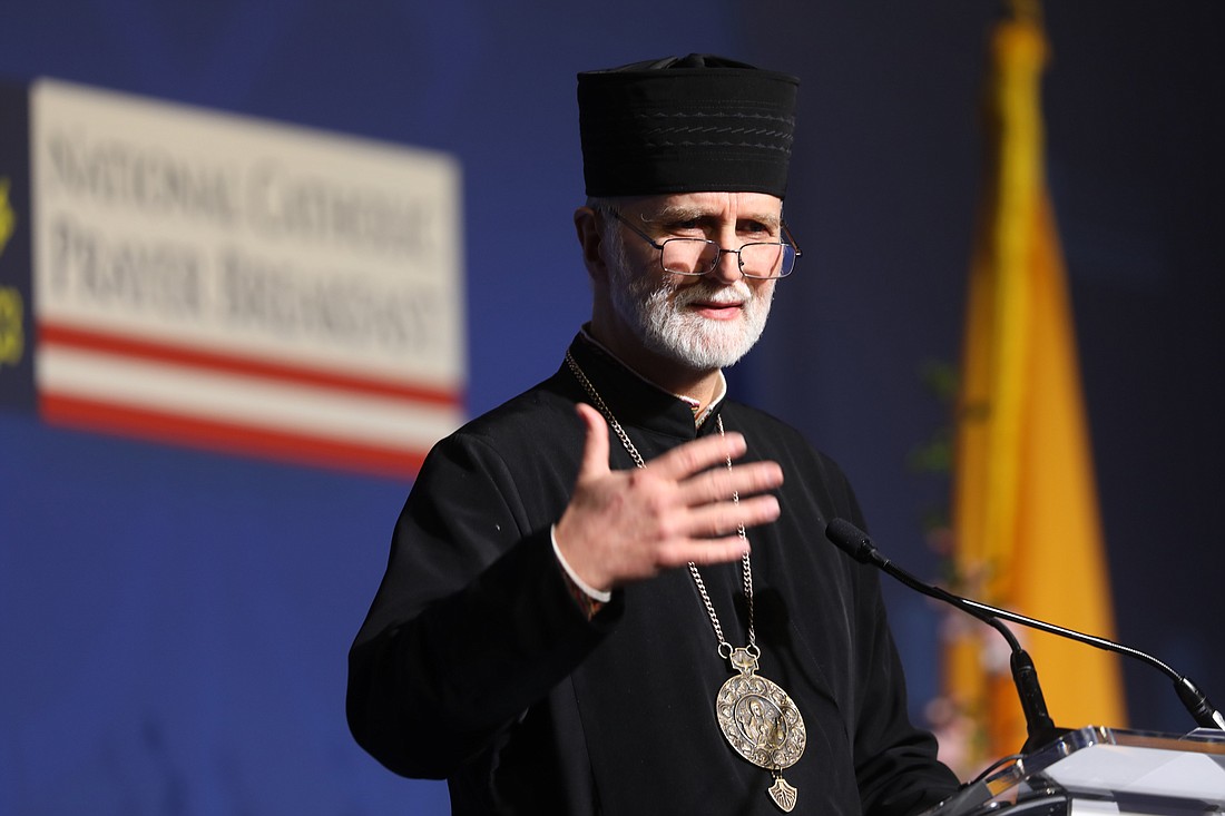 Metropolitan Archbishop Borys A. Gudziak of the Ukrainian Catholic Archeparchy of Philadelphia speaks during the National Catholic Prayer Breakfast in Washington March 14, 2023. He expressed his gratitude to lawmakers at the U.S. House of Representatives for approving a long-awaited aid package to Ukraine April 20, 2024, after months of delay and political opposition in Congress. (OSV News photo/Bob Roller)